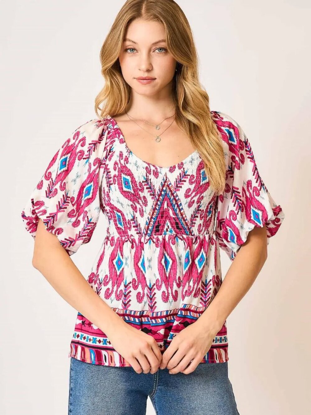 B4 Umgee Bohemian Breeze Smocked Peplum Top Pink NEW